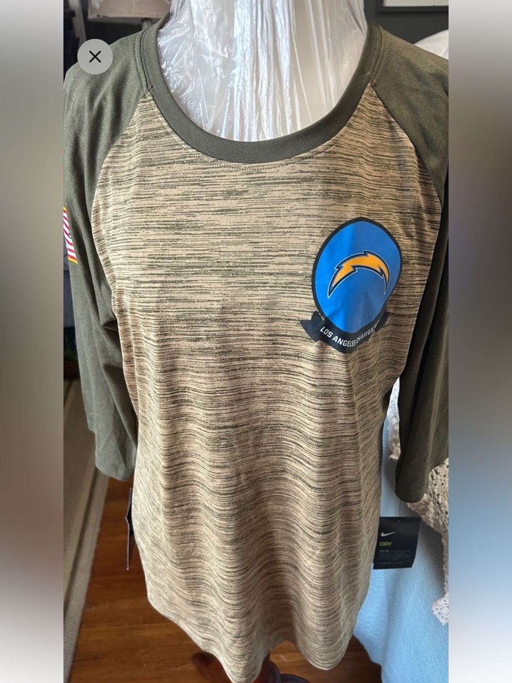 Nike Los Angeles Chargers Olive Green and Tan Raglan Long Sleeve Top